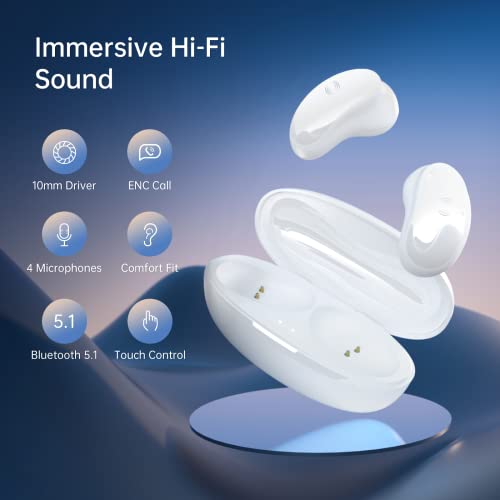 Aurasound 2022 Bluetooth 5.1 Noise Cancelling Earbuds, True Wireless Earphones, 4g Tiny Earbuds with 4 Microphone, Waterproof IPX4, Deep Bass, Stereo in Ear Earbuds Beans for Sleep and Work（White）