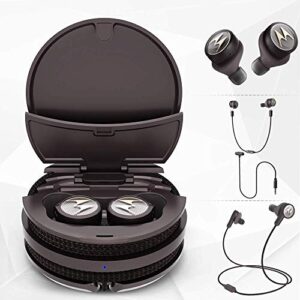motorola tech3 3-in-1 smart true wireless headphones – cordless earbuds, sport wire, audio plug-in – sweatproof, built-in microphone, charging case with cable storage system – mocha-bronze