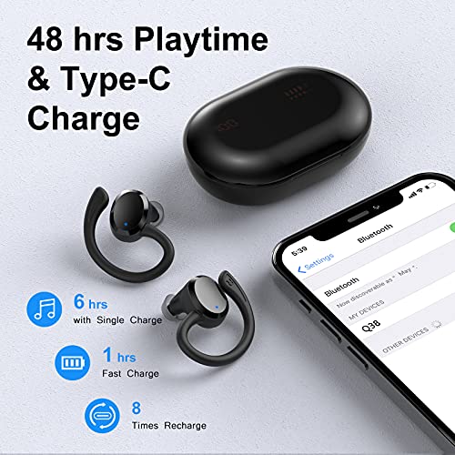 Bluetoth Headphones, Wireless Earbud with Sports Earhooks, Earphones in Ear Waterproof with Microphone LED Display, Touch Control, 48H Playtime, Bluetoth 5.1 Wireless Headset with Charging Case