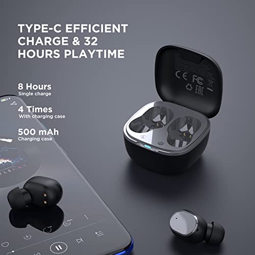 HTC True Wireless Bluetooth Earbuds 2, In-Ear Headphones Noise Cancellation Voice Call Volume Control for iPhone, Android -IPX5 Waterproof/Built-in Mic/32H Playtime for Calling, Gaming, Running -Black
