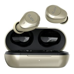 iluv tb200 gold true wireless earbuds cordless in-ear bluetooth 5.0 with hands-free call microphone, ipx6 waterproof protection, high-fidelity sound; includes compact charging case & 4 ear tips