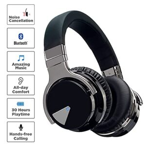 Qisebin E7 Active Noise Cancelling Headphones, Wireless Over Ear Bluetooth Headphones with Microphone, Deep Bass Wireless Headphones 30H Playtime, Comfortable Protein Earpads, Black