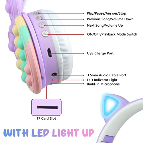 WESADN Bluetooth Headphones Wireless with Microphone Fidget Bubbles Cute Cat Ear with LED Light Up Over Ear Headphones for Girls Boys Women Pop Gaming Headset On Ear for Smartphone Tablet PC, Purple