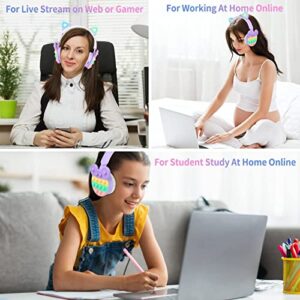 WESADN Bluetooth Headphones Wireless with Microphone Fidget Bubbles Cute Cat Ear with LED Light Up Over Ear Headphones for Girls Boys Women Pop Gaming Headset On Ear for Smartphone Tablet PC, Purple