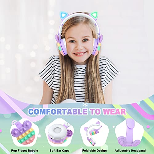 WESADN Bluetooth Headphones Wireless with Microphone Fidget Bubbles Cute Cat Ear with LED Light Up Over Ear Headphones for Girls Boys Women Pop Gaming Headset On Ear for Smartphone Tablet PC, Purple