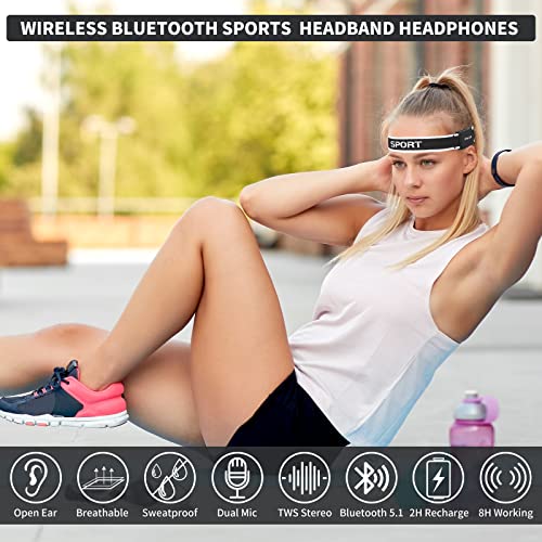 Sport Headband Bluetooth Headphones, Jimbobo Open Ear Wireless Headsets with HD Mic, TWS Stereo Sound Speakers, Adjustable Sweatband Earphones for Workout, Yoga, Running, Outdoor Sports, Black
