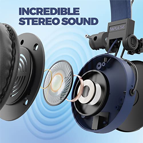 MuveAcoustics Over Ear Headphones Wired - Wired Over the Ear Headphones Recording Headphone & In-Ear Audio Monitors Studio Headset Corded 3.5mm Bass Music for Podcast TV PC Computer Gym, Impulse Blue