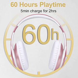 9S Bluetooth Headphones Over-Ear,CVC 6.0 Noise Cancelling Mic Wireless Headphones,60 Hrs Playtime Hi-Fi Stereo Deep Bass Foldable Headphones for Online Class, Home Office, PC, Cell Phones (Rose Gold)