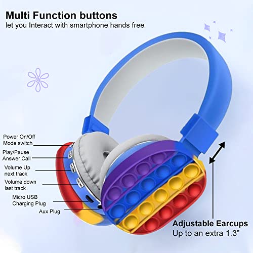 Acuvar Wireless or Wired Bluetooth 5.2 Rechargeable Over The Ear Headphones with Silicone Fidget Pop Bubbles Microphone, Powerful Surround Stereo Bass and Passive Noise Cancelling (Blue)