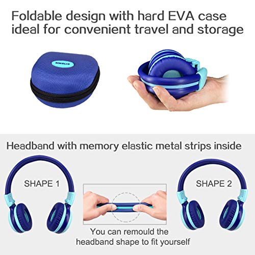 SIMOLIO Foldable Bluetooth Headphones with 75dB,85dB,94dB Volume Limit for Kids Teens and Adults, Built-in Mic and Share Port, Soft Earmuffs, Hard EVA Case, Aux Cord, Wireless and Wired Headphone-Mint