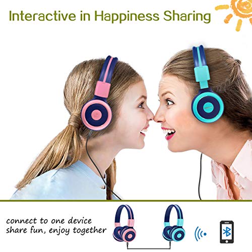 SIMOLIO Foldable Bluetooth Headphones with 75dB,85dB,94dB Volume Limit for Kids Teens and Adults, Built-in Mic and Share Port, Soft Earmuffs, Hard EVA Case, Aux Cord, Wireless and Wired Headphone-Mint