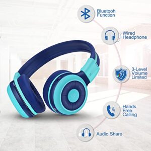 SIMOLIO Foldable Bluetooth Headphones with 75dB,85dB,94dB Volume Limit for Kids Teens and Adults, Built-in Mic and Share Port, Soft Earmuffs, Hard EVA Case, Aux Cord, Wireless and Wired Headphone-Mint