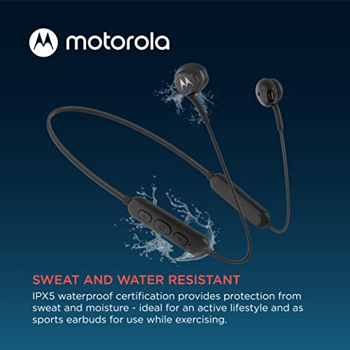 Motorola Bluetooth Sport Neckband SP110 in-Ear Wireless Headphones with Mic for Clear Phone Calls - 11 hrs. Playtime, Touch Control, IPX5 Sweat Resistant, Light Tangle-Free Design for Sports - Black