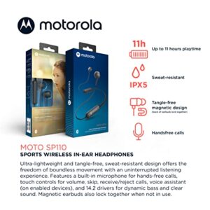 Motorola Bluetooth Sport Neckband SP110 in-Ear Wireless Headphones with Mic for Clear Phone Calls - 11 hrs. Playtime, Touch Control, IPX5 Sweat Resistant, Light Tangle-Free Design for Sports - Black