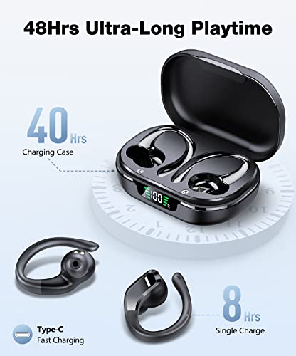 MPWHYL Wireless Earbuds, Bluetooth 5.3 Headphones with Built-in Mics, LED Display, 48H Playtime Hi-Fi Stereo Over-Ear Earphones with Earhooks, IPX7 Waterproof, Running Ear Buds for Sports