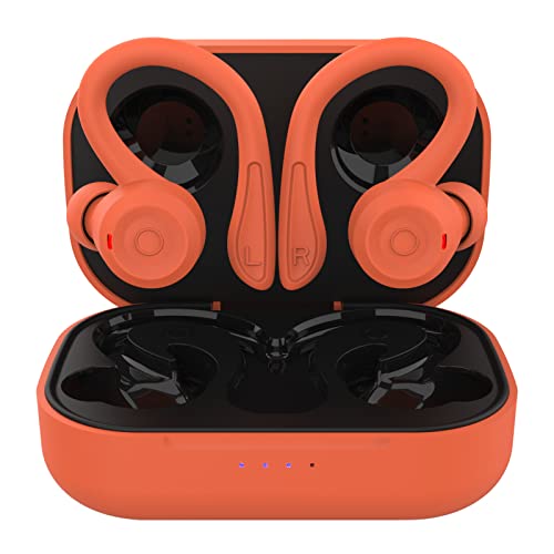 Orange Over Ear Wireless Earbuds with Earhooks Running Bluetooth Earbuds with ear hook Waterproof Small Earphones in Ear Headphones Noise Cancelling Headset Android Ear Buds for Workout Sport Gym