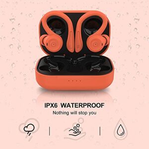 Orange Over Ear Wireless Earbuds with Earhooks Running Bluetooth Earbuds with ear hook Waterproof Small Earphones in Ear Headphones Noise Cancelling Headset Android Ear Buds for Workout Sport Gym