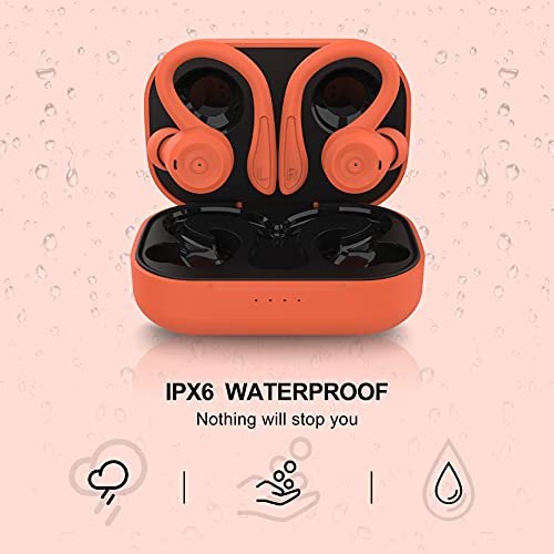 Orange Over Ear Wireless Earbuds with Earhooks Running Bluetooth Earbuds with ear hook Waterproof Small Earphones in Ear Headphones Noise Cancelling Headset Android Ear Buds for Workout Sport Gym