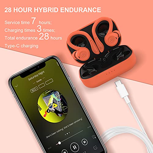 Orange Over Ear Wireless Earbuds with Earhooks Running Bluetooth Earbuds with ear hook Waterproof Small Earphones in Ear Headphones Noise Cancelling Headset Android Ear Buds for Workout Sport Gym