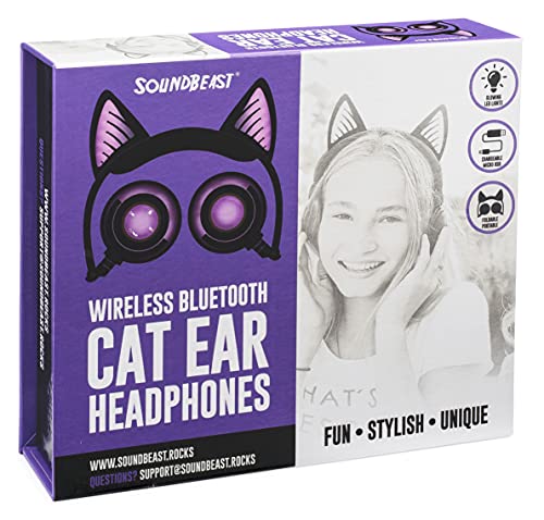 SoundBeast Bluetooth Cat Ear Headphones with Glowing Purple Lights - Wireless Headphones for Kids & Adults