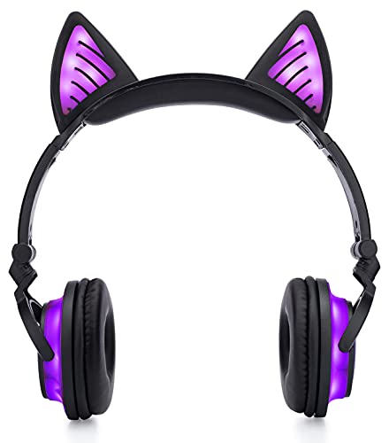 SoundBeast Bluetooth Cat Ear Headphones with Glowing Purple Lights - Wireless Headphones for Kids & Adults