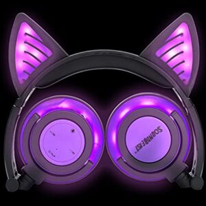 SoundBeast Bluetooth Cat Ear Headphones with Glowing Purple Lights - Wireless Headphones for Kids & Adults