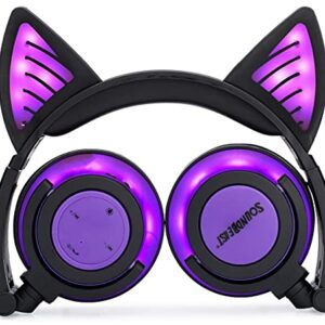 SoundBeast Bluetooth Cat Ear Headphones with Glowing Purple Lights - Wireless Headphones for Kids & Adults