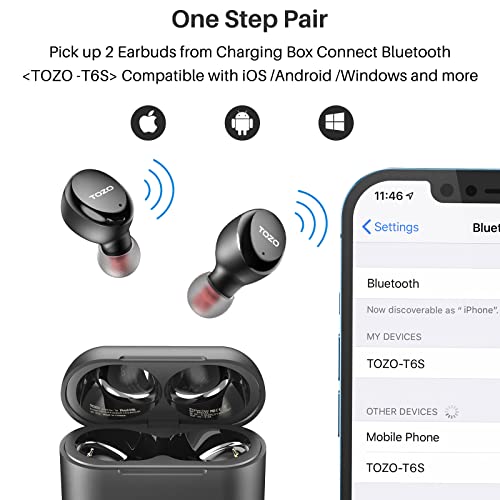 TOZO T6S Bluetooth 5.2 2022 New Version True Wireless Earbuds Environmental Noise Cancellation Stereo Headphones Built in Mic Headset Premium Sound with Deep Bass Support APP Control for Sport