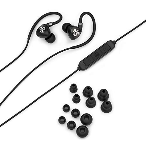 JLab Fit 2.0 Bluetooth Enabled Wireless Sports Earbuds | Bluetooth 4.1 | 10mm Titanium Drivers | 6 Hour Battery Life | IP55 Sweatproof | Flexible Memory Wire | Black
