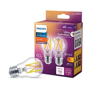 philips led flicker-free a15 ultra definition light bulb, dimmable warm glow effect, 750 lumen, 2700-2200k, eyecomfort technology, 6.6w=60w, e26 base, title 20 certified, 2-pack