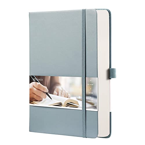 EMSHOI Lined Journal Notebook - 256 Numbered Pages 120gsm Thick Leather Journal with Sticky Notes, A5 Hardcover College Ruled Notebook for Women Men Work School Writing, Medium 5.75" x 8.38"-GrayBlue