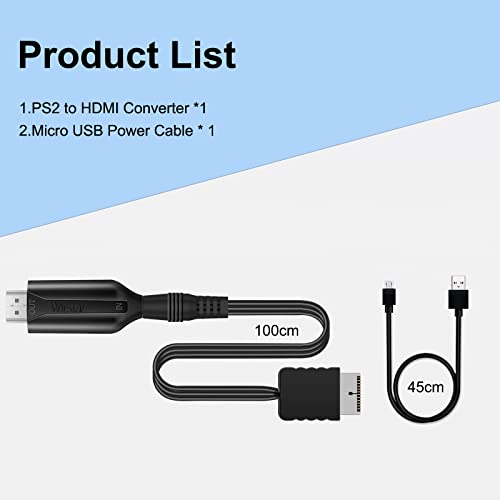 Wiistar PS2 to HDMI Converter Adapter PS2 HDMI Cable 1m/3.2ft Video Converter for HDTV HDMI Monitor Supports All PS2 Display Modes