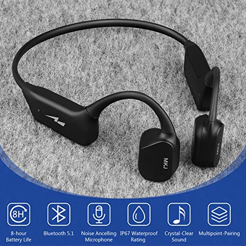 MKJ Bone Conduction Headphones Bluetooth 5.1 - Open Ear Inductive Headphone with Noise Cancelling Dual Microphones, Wireless Sport Headset IP67 Waterproof for Cycling Running Driving Workouts