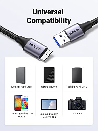 UGREEN Micro USB 3.0 Cable, USB 3.0 A to Micro B Cord Nylon Braided External Hard Drive Cable Compatible with Samsung Galaxy S5, Note 3/Pro 12.2, Western Digital, Toshiba, My Passport, etc 1.5 FT