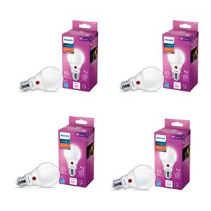 philips led ultra definition dusk to dawn flicker-free a19 light bulb, frosted, dimmable, eyecomfort technology, 800 lumen, soft white light (2700k), 8.8w=60w, e26 base, t20 certified, (573238) 4-pack