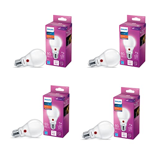 Philips LED Ultra Definition Dusk to Dawn Flicker-Free A19 Light Bulb, Frosted, Dimmable, EyeComfort Technology, 800 Lumen, Soft White Light (2700K), 8.8W=60W, E26 Base, T20 Certified, (573238) 4-Pack