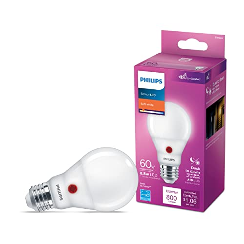 Philips LED Ultra Definition Dusk to Dawn Flicker-Free A19 Light Bulb, Frosted, Dimmable, EyeComfort Technology, 800 Lumen, Soft White Light (2700K), 8.8W=60W, E26 Base, T20 Certified, (573238) 4-Pack