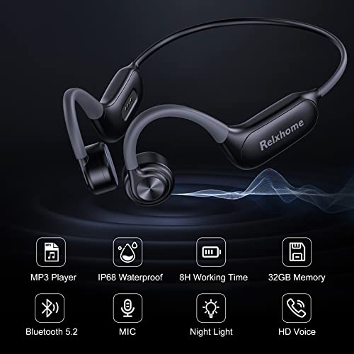 Relxhome Bone Conduction Headphones, Swimming Headphones Built-in 32GB Memory, MP3 Sports Headphones Waterproof, Wireless Bluetooth Open Ear Headset, Bone Conduction Headphones for Swimming, Running