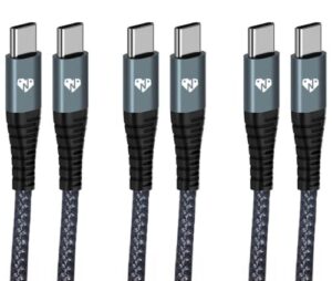 n-products usb c to usb c grey braided nylon cable 60w type c fast charging cord [3-pack, 6 ft]
