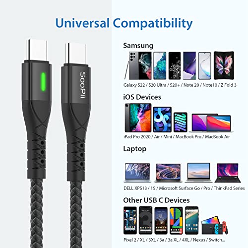 SOOPII USB C to USB C Cable 60W, 2Pack 6.6FT Type C Cable with Smart LED Indicator,Nylon Braided Fast Charging C Charger Cord for lPad Air/lPad Pro, MacBook Pro, Samsung Galaxy S21/S10/S9/Plus …
