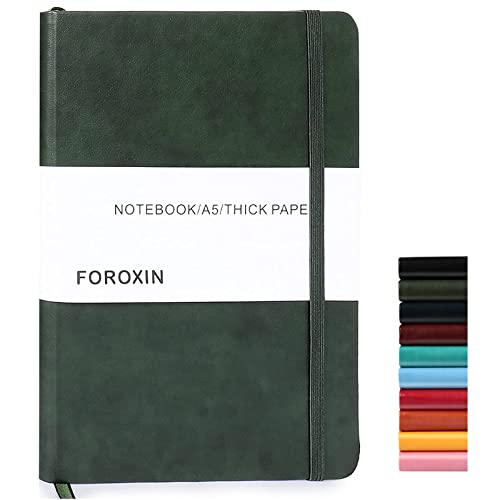 foroxin Lined Journal Notebook Dark Green Leather for Women Men 8.3 x 5.7 Large College Ruled 192 Pages 80gsm Hardcover Notebooks Work Home School with Elastic Band Closure and Ribbon Bookmark