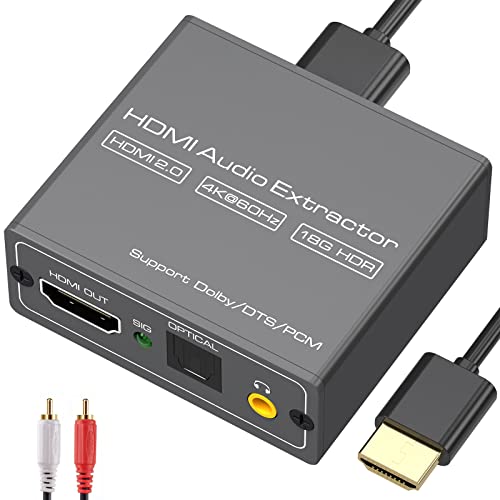 4K 60Hz HDMI Audio Extractor Splitter Converter, HDMI to HDMI +Optical +3.5mm AUX Audio Adapter Supports HDMI 2.0,18Gpbs Bandwidth,Dolby Digital/DTS,PCM HDR10