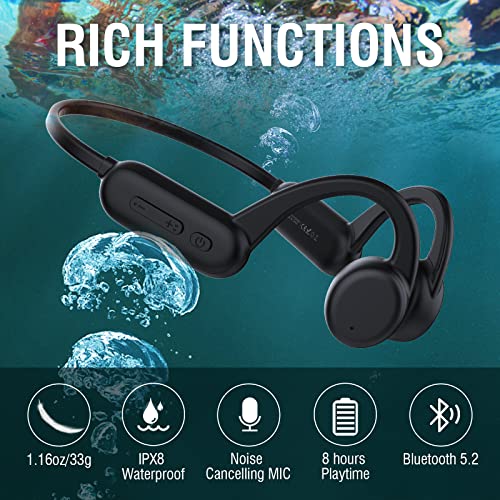 Bone Conduction Bluetooth Headphones Swimming Headphones IPX 8 Waterproof Open Ear Wireless Sport Headsets with MP3 Play 8 G Memory for Running Working (Black)