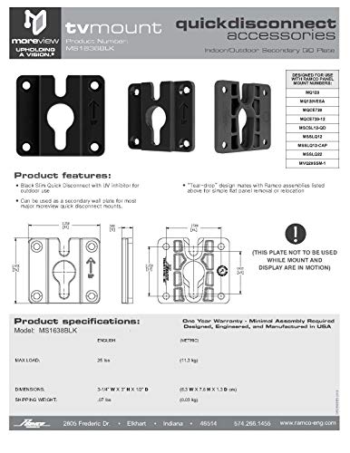MS1638BLK Outdoor Quick Disconnect Wall Plate TV Mounts, Easy On/Off (Replaces MS1066BLK)