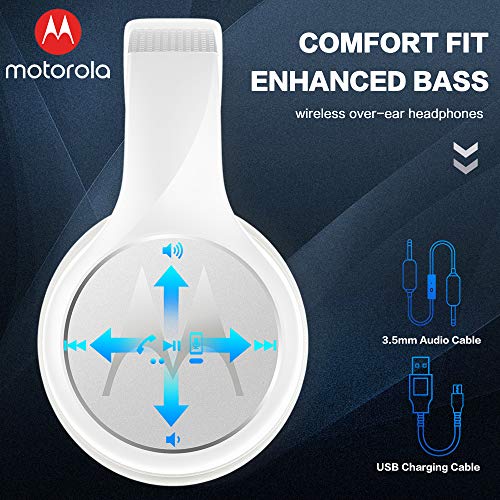 Motorola Escape 220 Passive Noise Canceling Headphones | Bluetooth Headphones with Microphone | Wireless Headphones with 24 Hour Battery Life | Voice Assistant Compatible Headphones (White)