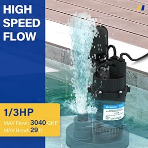 Acquaer 1/3HP Sump Pump, 3040GPH Submersible Clean/Dirty Water Pump with Automatic Float Switch and 10ft Power Cord Sub Pump for Basement, Pool, Pond, Drain, Flooded Cellar, Aquarium and Irrigation