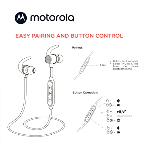 Motorola Bluetooth Sport Neckband SP105 In-Ear Wireless Headphones with Mic for Clear Phone Calls - IPX5 Sweat Resistant, Light Tangle-Free Design for Active Lifestyle, Ear Fins for Secure Fit - Black