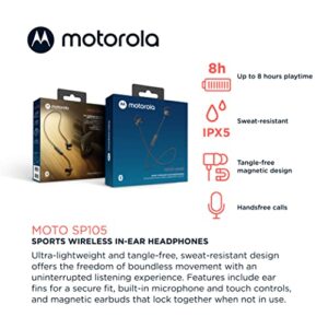 Motorola Bluetooth Sport Neckband SP105 In-Ear Wireless Headphones with Mic for Clear Phone Calls - IPX5 Sweat Resistant, Light Tangle-Free Design for Active Lifestyle, Ear Fins for Secure Fit - Black