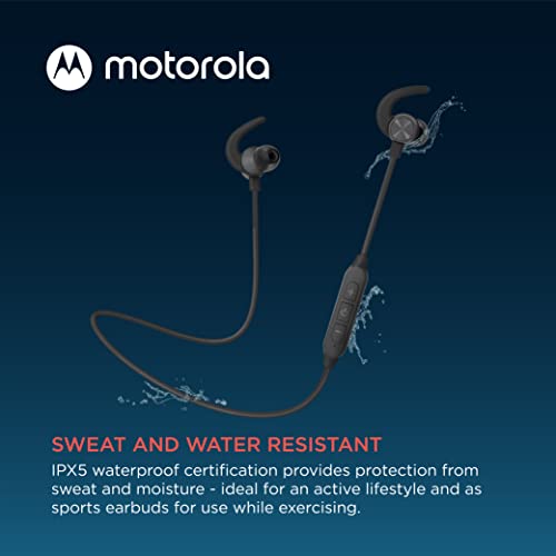 Motorola Bluetooth Sport Neckband SP105 In-Ear Wireless Headphones with Mic for Clear Phone Calls - IPX5 Sweat Resistant, Light Tangle-Free Design for Active Lifestyle, Ear Fins for Secure Fit - Black