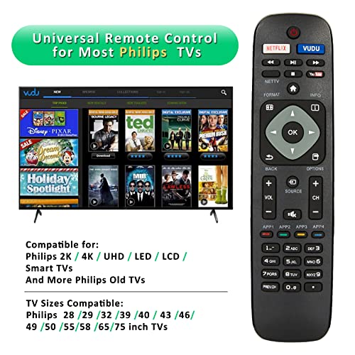 Newest Universal Philips TV Remote Control NH500UP for Philips LCD LED 4K UHD Smart TVs with Netflix Vudu YouTube Nettv Button